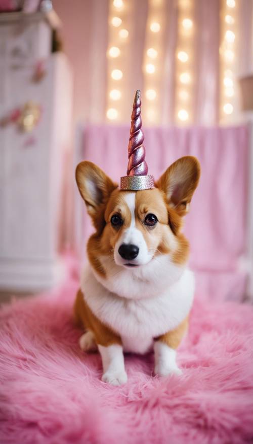 A corgi with big, sparkly eyes, wearing a kawaii unicorn costume, sitting on a fluffy pink rug in a room white with cute decor.