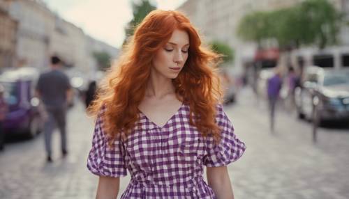 紅髮女子，穿著一件飄逸的夏裝，上面有紫白格子圖案。