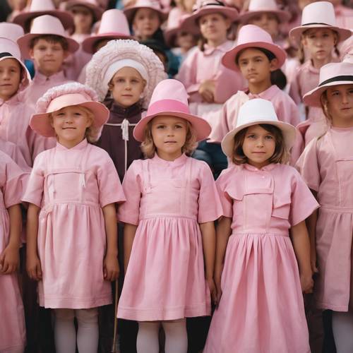 Children dressed in pink Pilgrim costumes for a school Thanksgiving play.