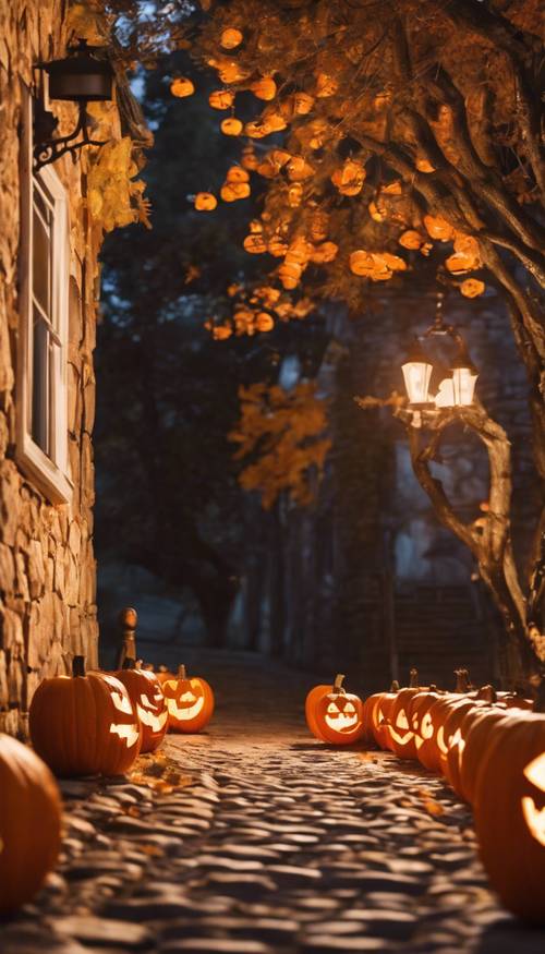 Glowing jack-o-lanterns lined up along a cobblestone path leading to an eerie witch's home. Tapeta [a5735ea0eb524a94b204]