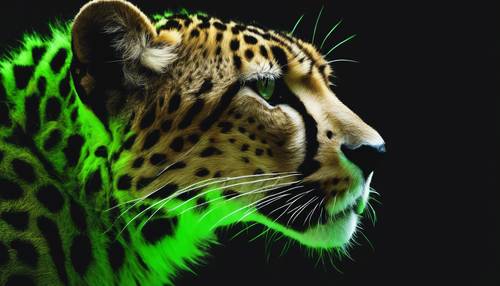 Un guépard vert fluo sur fond noir, créant un contraste saisissant.