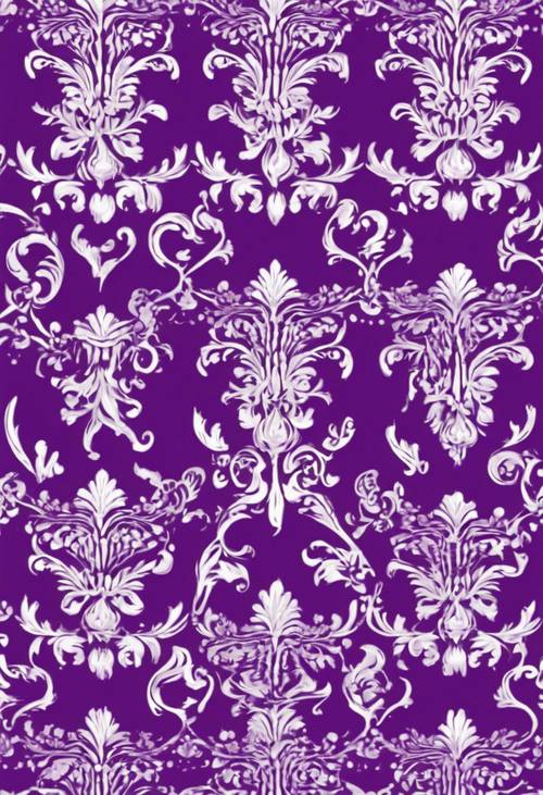Ilustrasi mulus pola damask dalam warna ungu royal dan putih cerah.