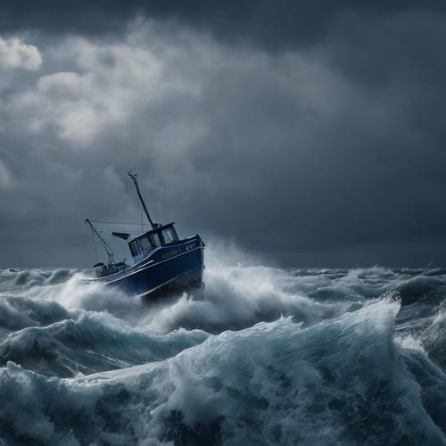 A lone dark blue fishing boat fighting its way through a storm surge