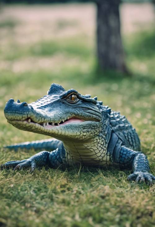 Un giovane coccodrillo blu giocherellone che si morde la coda su una macchia erbosa.