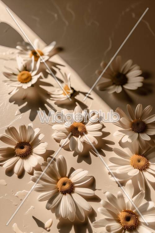 明るい太陽の下でキレイなデイジーの花を飾ったテーブルの壁紙