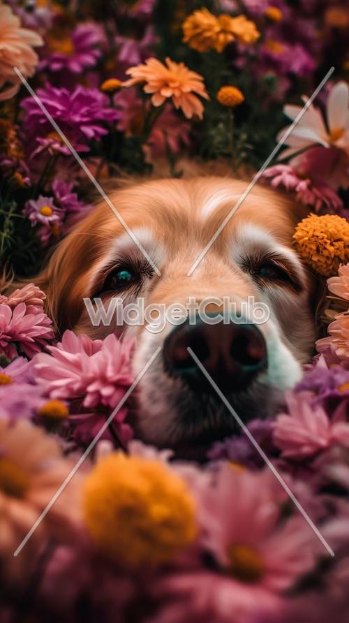 Çiçekli Mutluluktaki Mutlu Köpek