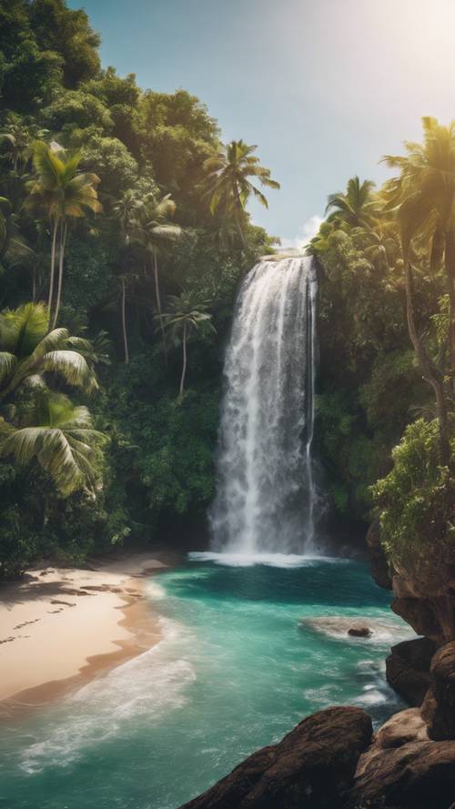 A stunning view of a tropical beach with a cascade of waterfall flowing into the sea.