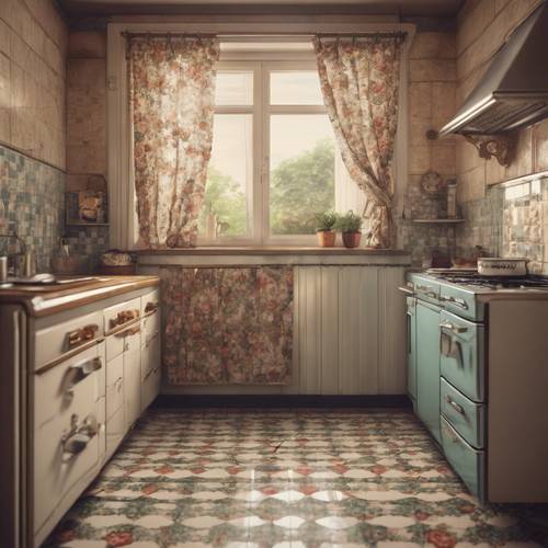 Pemandangan klasik yang menggambarkan dapur vintage dengan tirai dan ubin bermotif bunga retro.