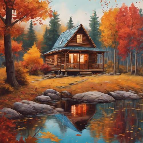 Cozy autumn painting with a cabin surrounded by trees showcasing vibrant fall colors for Thanksgiving. Wallpaper [d91450345f264fd8aab0]