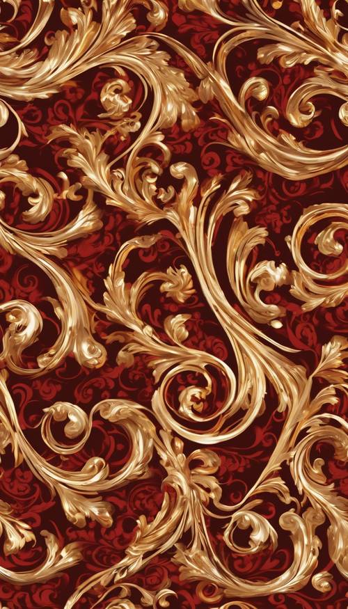 Un motif sans couture de tourbillons rouges audacieux et dorés brillants dans un style baroque.