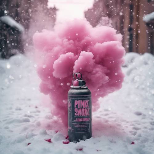 Explosion of a pink smoke grenade in the middle of a snowy street.