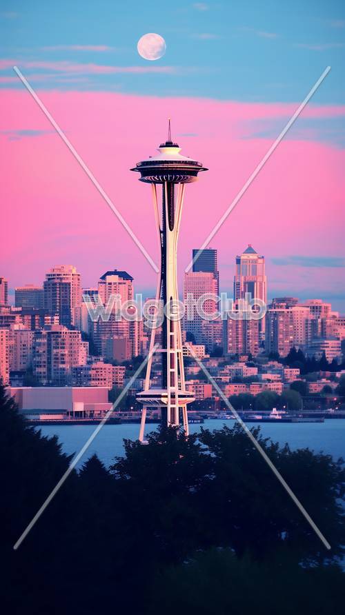 西雅圖天際線的日落景觀