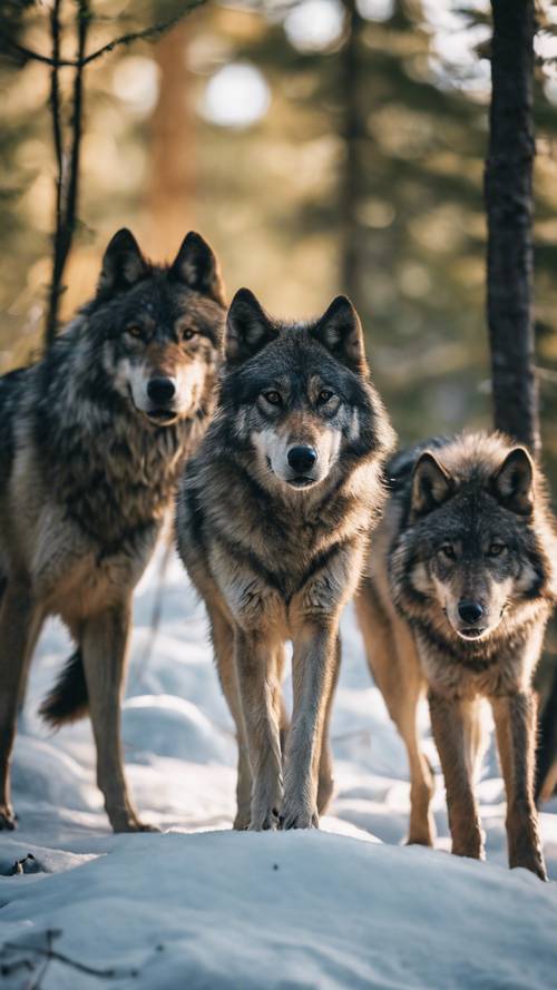 Patung dramatis kawanan serigala liar di kawasan hutan, mewakili Taman Nasional Isle Royale di Michigan.