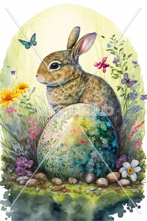 复活节兔子与彩色鸡蛋和鲜花