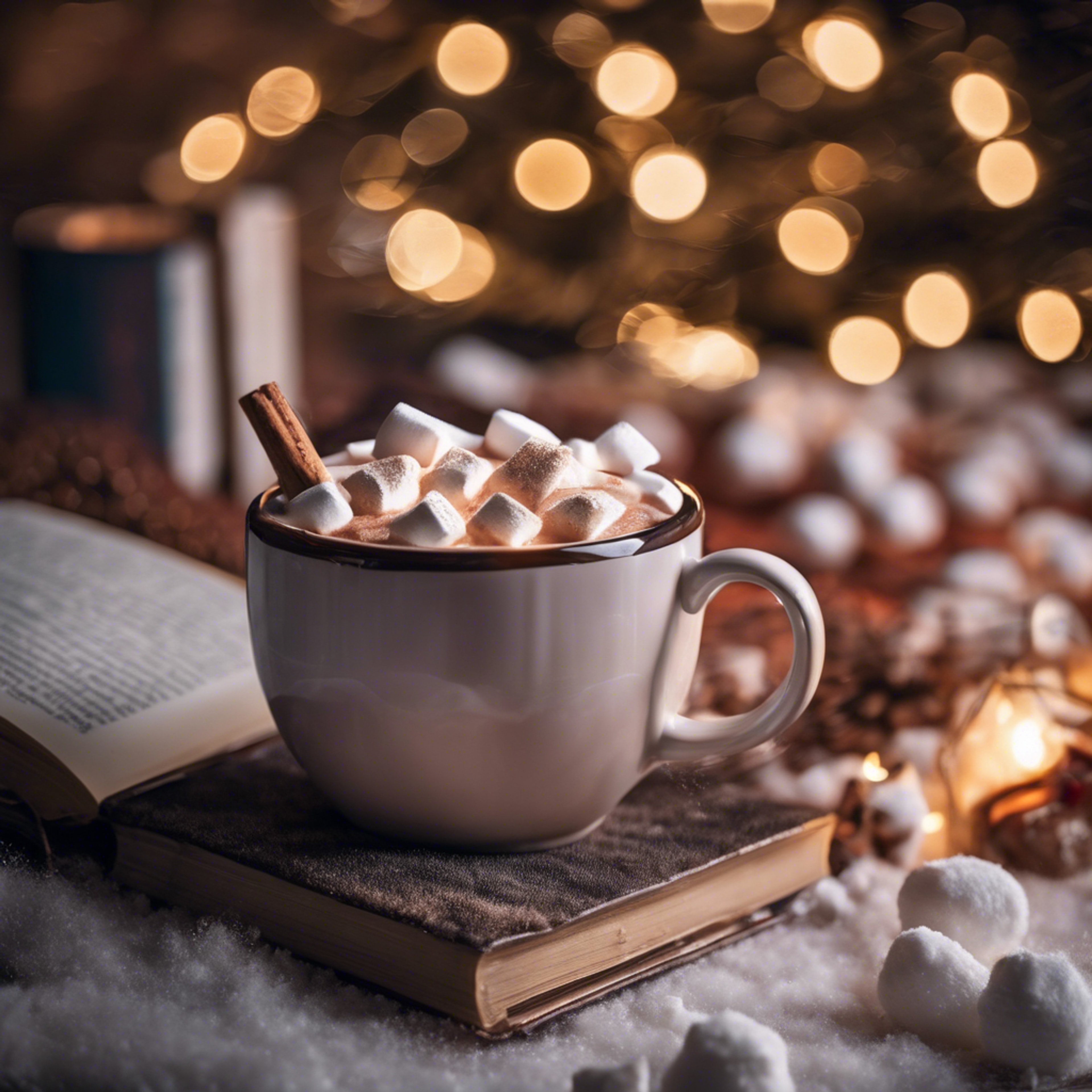 A steaming mug of hot cocoa topped with marshmallows, paired with a good book on a winter night. Hintergrund[bb1918feb58c4b029e23]