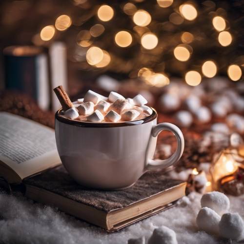 Une tasse fumante de chocolat chaud garnie de guimauves, accompagnée d&#39;un bon livre par une nuit d&#39;hiver.