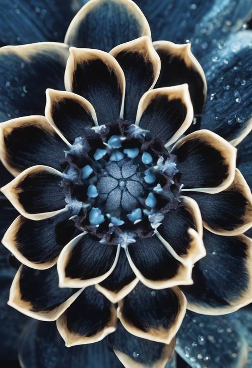 Tampilan jarak dekat dari struktur bagian dalam kompleks bunga hitam dan biru yang ditangkap dengan fotografi makro.