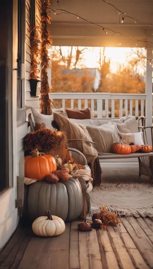 Portico ventilato a tema Ringraziamento con ghirlanda autunnale fai da te, divano extra large e luce soffusa del tramonto che aggiunge un calore nostalgico.