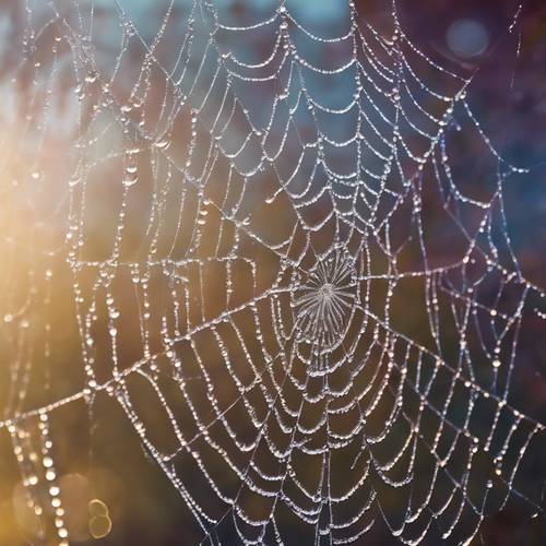 Bidikan close-up sarang laba-laba yang terkena embun di bawah sinar matahari pagi, dengan nuansa warna biru, ungu, dan emas.