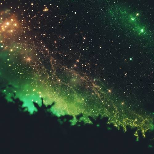 A galaxy seen from the edge of the universe, with cool neon green stars sparking in the darkness.
