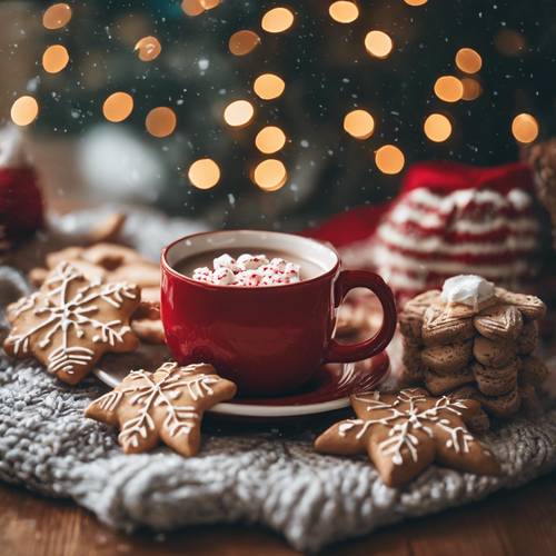 Cena aconchegante de um suéter de tricô, biscoitos natalinos e chocolate quente em um dia chuvoso.