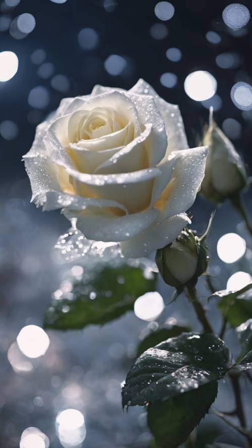 Mawar putih yang mekar sempurna dengan kilau perak di kelopaknya di bawah sinar bulan.