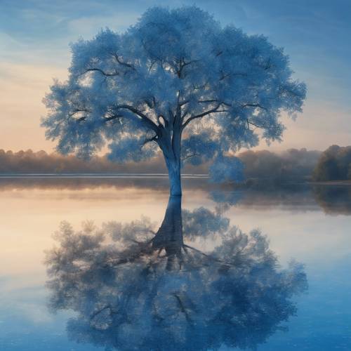 Hiperrealistyczny obraz przedstawiający niebieskie drzewo odbijające się w lustrzanej powierzchni spokojnego jeziora w świetle wczesnego świtu.
