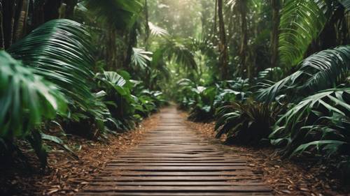 A trail in the rainforest, the path lined with vibrant, luscious palm leaves. Tapet [dfa763740e34477faf13]