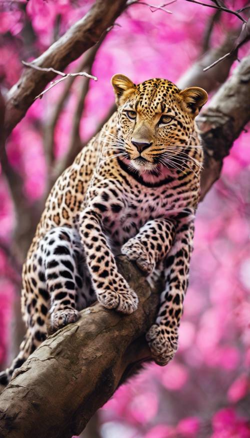 Vislumbre de uma fêmea de leopardo deitada preguiçosamente em um galho de árvore, com a diferença de que seu pelo é tingido em um moderno tom rosa choque.