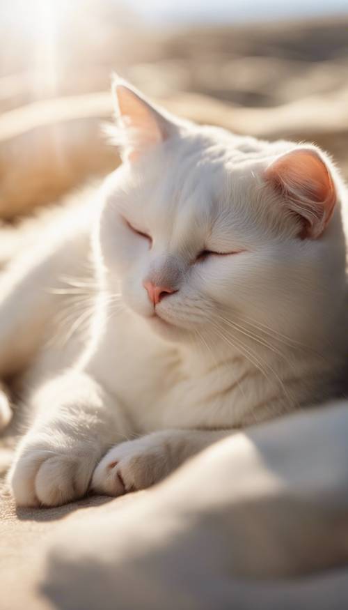 一隻睡著的白貓蜷縮在溫暖的陽光下。