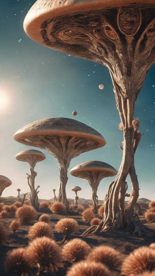 An alien landscape with two moons and one sun illuminating the bizarre, extraterrestrial flora.