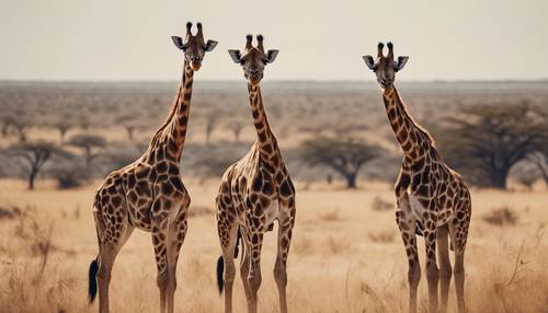 Kahverengi benekli zürafalar, Afrika savanasının arka planında dimdik duruyor.