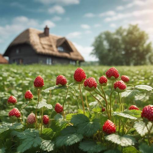 Wild strawberries growing in an endless field, with a picturesque thatched-roof cottage in the distance. Tapeta [f53a57bc447a46de8f55]
