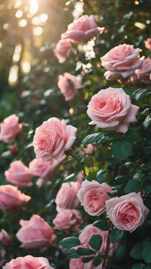 Taman yang rimbun saat fajar, dipenuhi mawar merah muda dan dedaunan hijau.