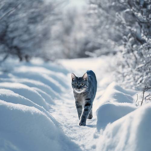 An elegant blue tomcat striding majestically across a snow laden landscape.