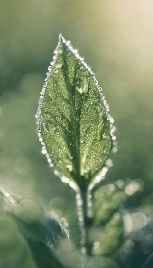 Uma imagem em close de uma pequena folha verde-sálvia beijada pelo orvalho em uma manhã fresca.