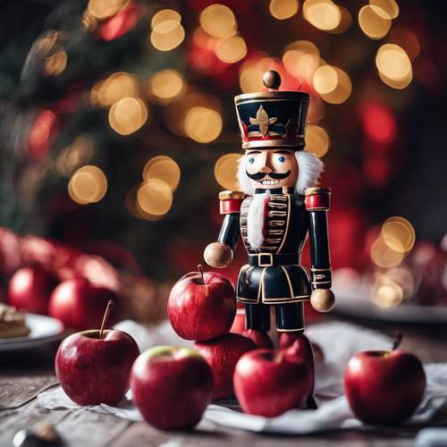 Un cascanueces sonriente sosteniendo una manzana roja brillante de la que le han dado un mordisco sobre una oscura mesa de postres navideños.