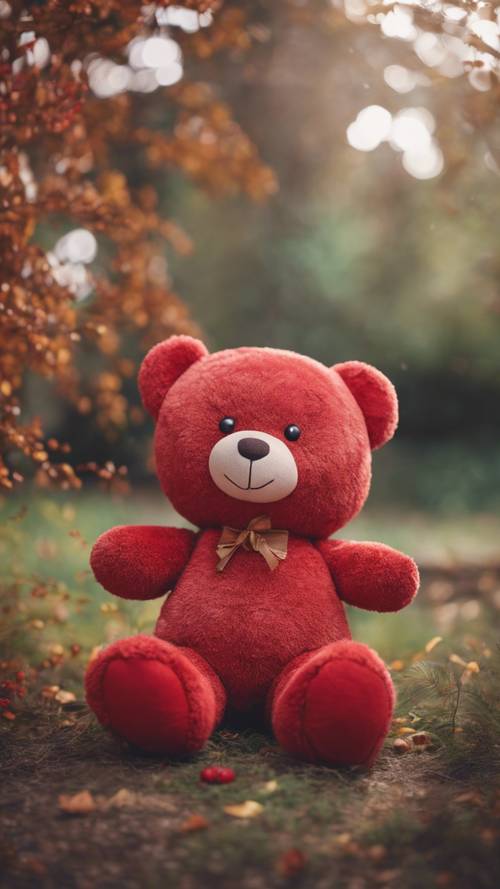 Boneka beruang raksasa berwarna merah bergaya kawaii dengan ekspresi manis dan menawan.