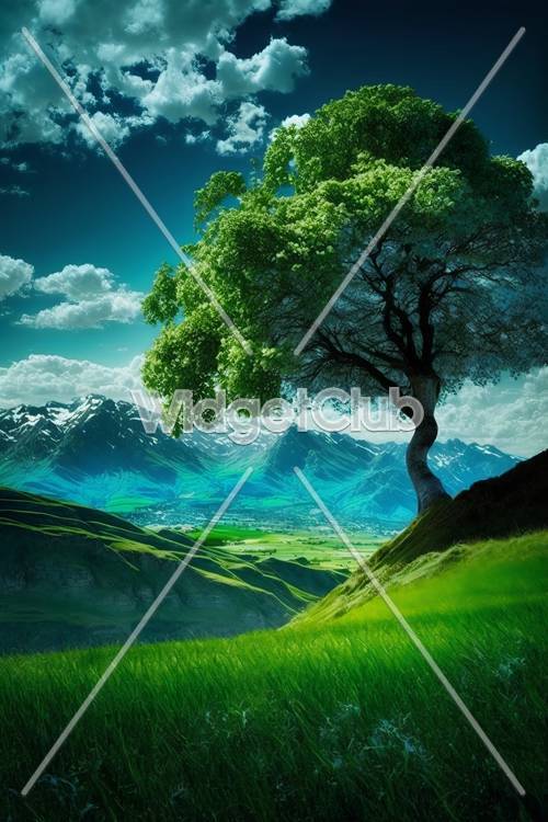 Green Nature Escape with Tree and Mountains