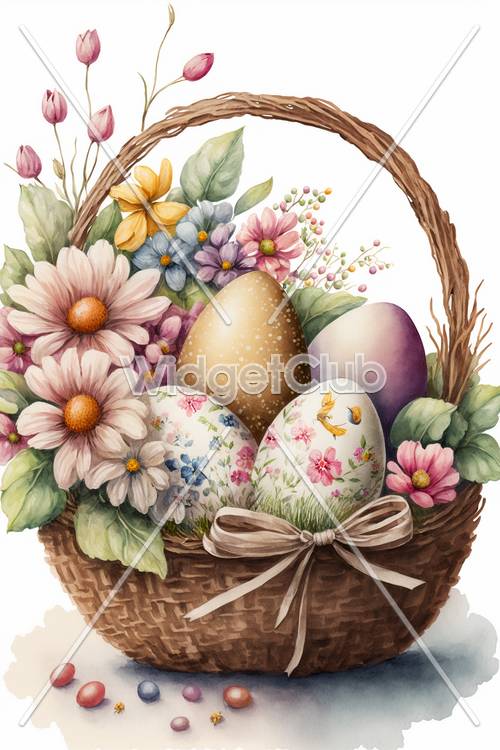 复活节篮子里装满了彩色鸡蛋和鲜花