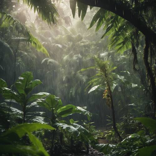 Tropical rainforest scene with a heavy downpour while sunlight peeks through the foliage.