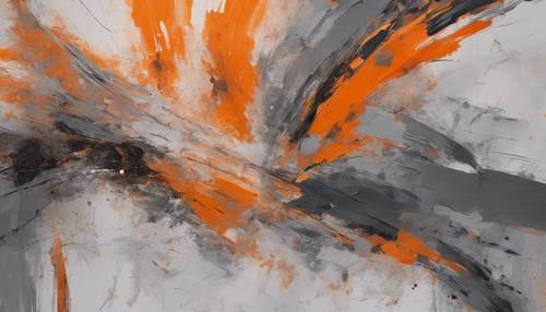Uma pintura abstrata com traços ousados ​​e texturizados de laranja e cinza.