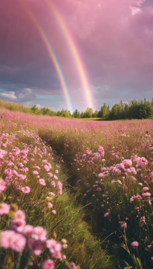 Thick pink rainbow arching over a blooming meadow in the middle of spring.