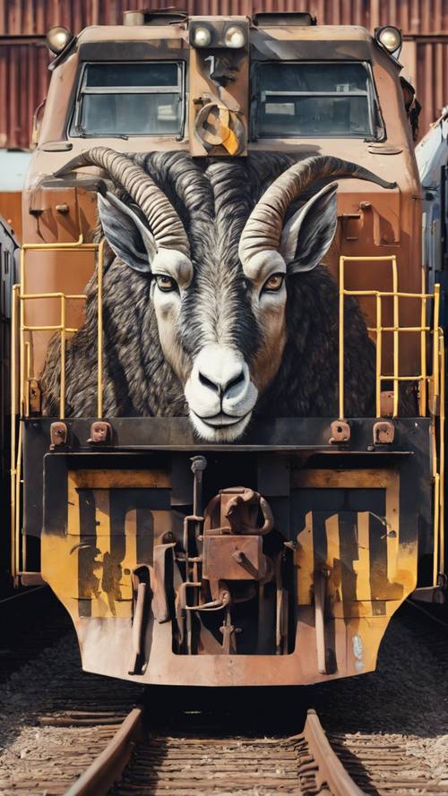 Graffiti przedstawiające Koziorożca w pociągu towarowym.