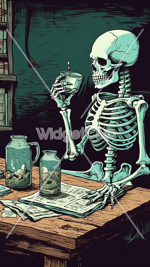 Жуткий скелет, наслаждающийся напитком в полночь