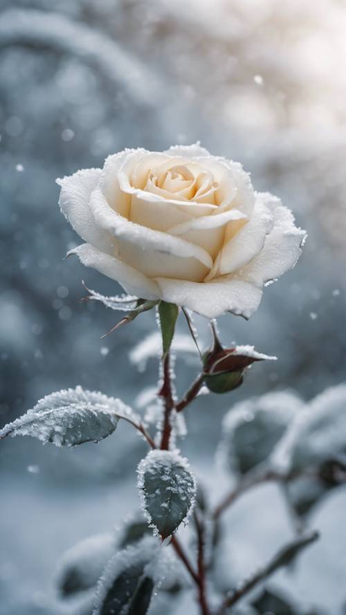 A close-up of a white rose under a thin layer of frost in the winter.