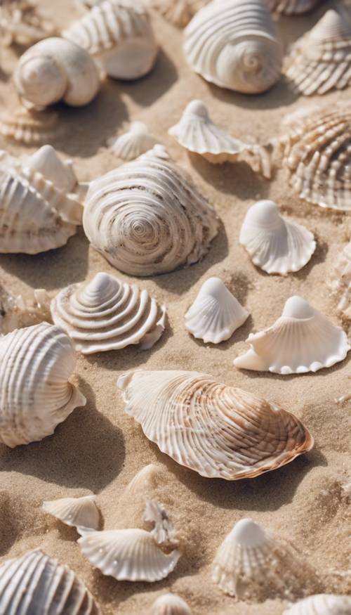 An aerial view of a sprawling white seashell labyrinth design on a sandy beach. Tapeta [5373565951b74dc091d4]