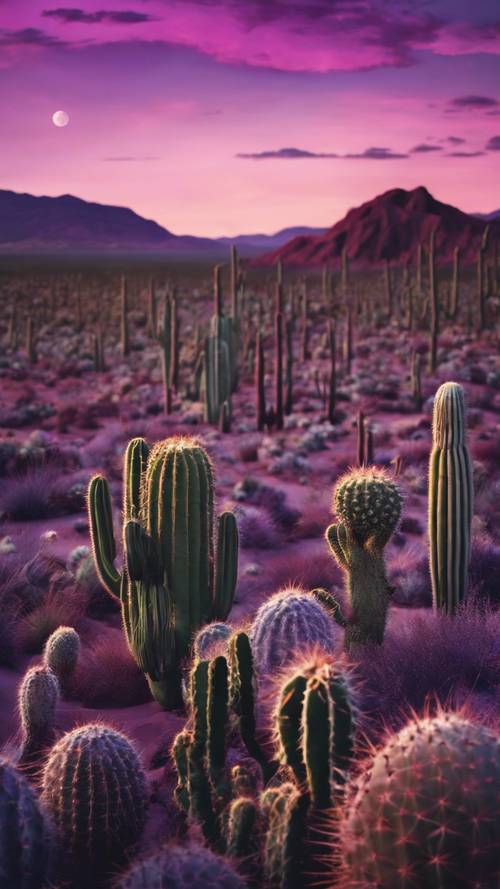 Un desierto de tonos púrpura con cactus contra un cielo crepuscular.