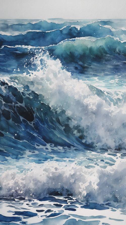 Une aquarelle impressionniste représentant des vagues océaniques d’un bleu profond s’écrasant.