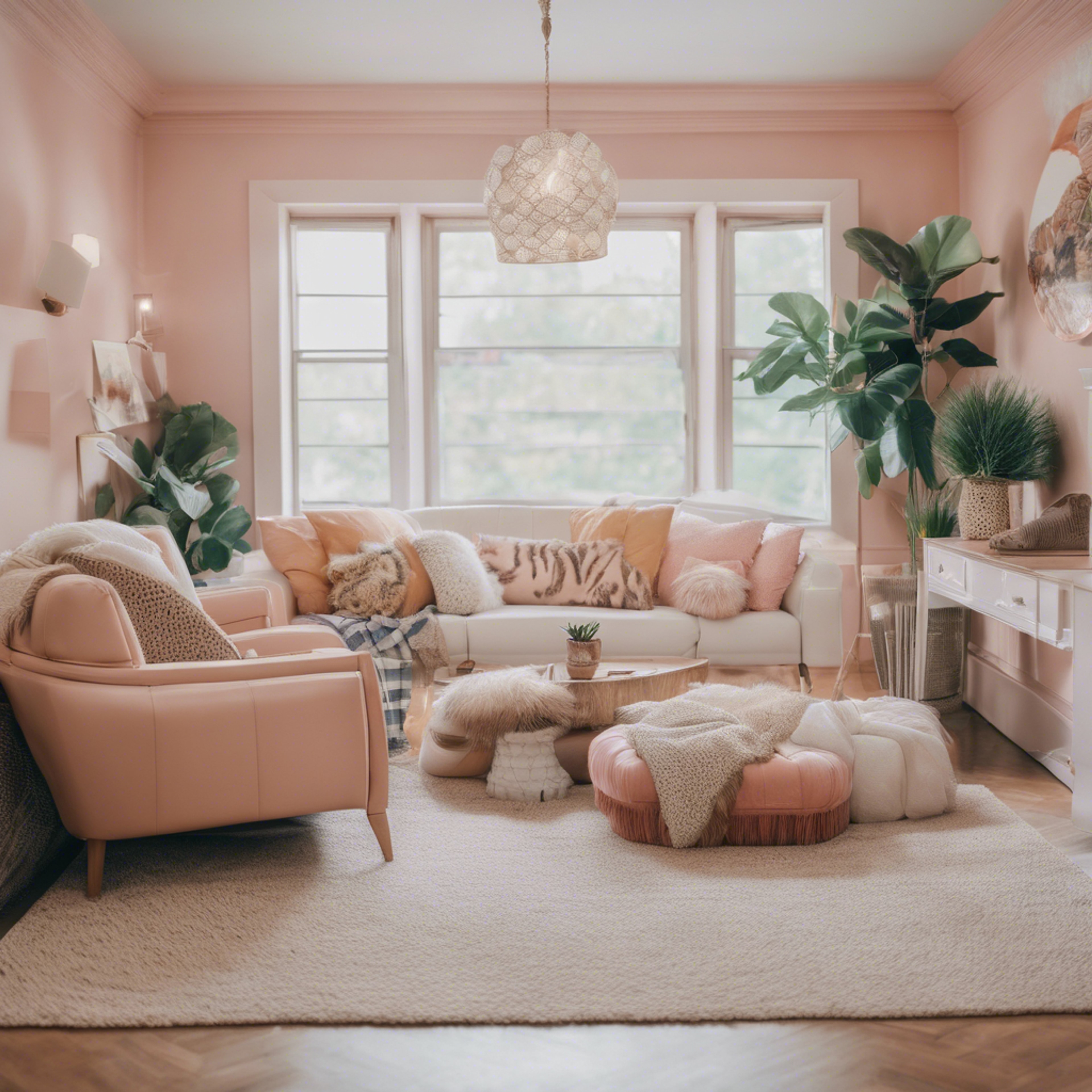 A tastefully decorated preppy aesthetic interior with animal prints, plaids, and pastel colors. Tapet[013da7e2e0464972ad87]